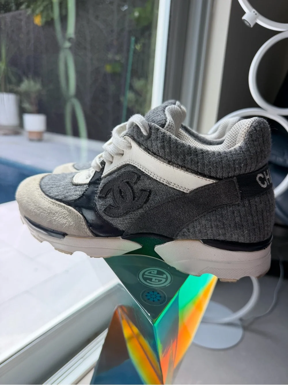 CHANEL Kids' Gray Knit Logo Back Sneakers